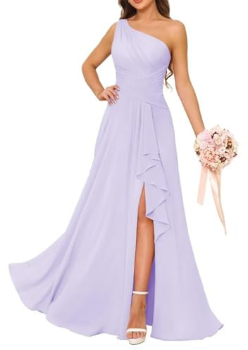 Abiti da damigella d'onore da donna monospalla per matrimonio in chiffon increspato sirena abiti da festa formale con fessura, Lilla, 44