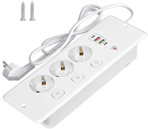 Pfloge® Regleta con USB C, Toma de Corriente de 3 Enchufes, 4 Conectores de Carga USB (1 USB C + PD 20 W + 2 USB A), Toma de Sobremesa, Regleta Enchufes Múltiple para Smartphones, Ordenador, Blanco