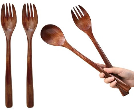 UPTALY 4 pcs Wooden Salad Servers (12.6'' x 2.6''), Extra Long Handle Serving Spoon, Natural Phoebe Wood, Large Size Salad Tosser, Salad Spoon and Fork Set, for Mixing and Cooking (3 Forks + 1 Spoon)