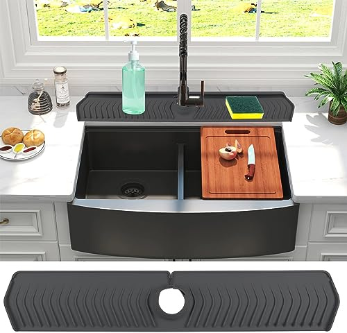 Werwing Tappetino paraspruzzi in silicone per lavandino, 76,2 x 14,5 cm, vassoio raccogli gocce per rubinetto, design di bloccaggio e foro regolabile, protezione per piano di lavoro di cucina e bagno
