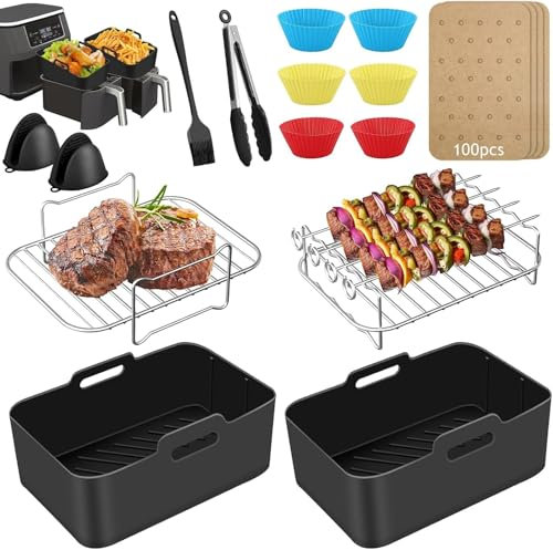24 Stück Airfryer Silikonform Zubehör Set für Ninja Heißluftfritteuse Zubehör,Ninja Foodi Max Dual Zone Und anderen 7.6L-9.5L Air Fryer inkl. Silikonform, Ölspray, Grillrost, Silikon Muffinform usw