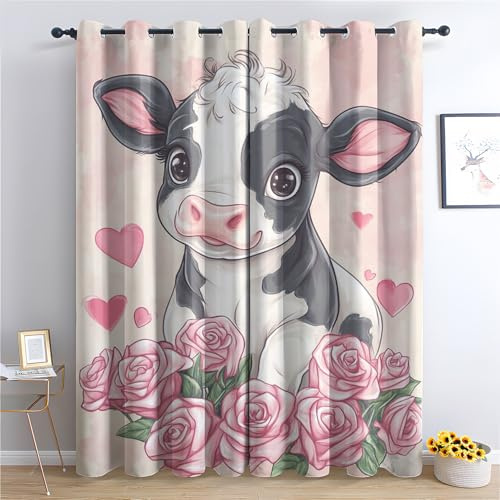 Luxfieo Kuh Vorhänge Mädchen Süße Cartoon Bauernhoftiere Vorhang Blickdicht Gardinen 166 cm Hoch Verdunklungsvorhänge mit Ösen Thermovorhang für Wohnzimmer Schlafzimmer Fenster Deko 2er Set T#105