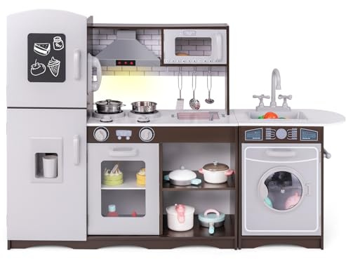 Kids Play Kitchen, 2 in 1 Modular Wooden Pretend Play Kitchen with Light, Sound, Ice Maker, Washing Machine, Chalkboard, Phone, Sink, Stove, Rangehood, Cookware, Chef Role Kitchenh Playset for 3+