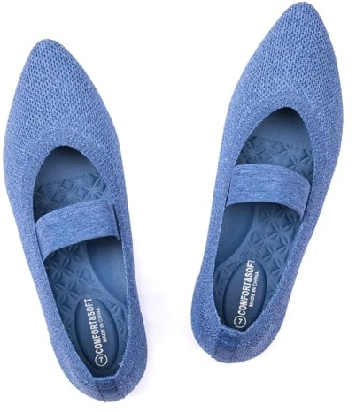 Frank Mully Womens Knit Flats Pointed-Toe Shoes with Elastic Straps Ballerina Flat Shoes for Women Dressy Blue,10