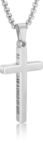 Silver Cross Necklace for Men Boys Mens Bible Verse Stainless Steel Cross Pendant Chain Men's Religious Christian Jewelry Gifts Teen Son Him 8-12 Confirmation First Communion Baptism Catholic 3:1
