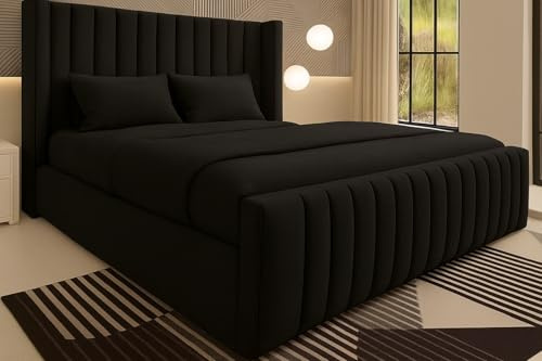Luxury Chesterfield Winged Panel Bed Frame |- Double King Superking Sizes - Optional Gas Lift & Mattress - UK Made (Black Plush, Double 4ft6 Bed Frame)