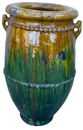 Marokkanische Vase Tamegroute, Amphore, handgefertigt, aus Keramik, Grün und Ocker, 38 x 38 x 62 cm