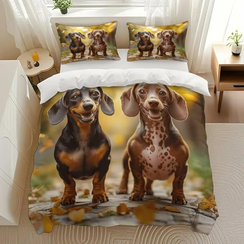 MeiRoTi Dachshund Duo Bedding Comforter Sets Bedding Set 3 Pieces (1 Duvet Cover 2 Pillowcases) with Zipper Closure Lightweight