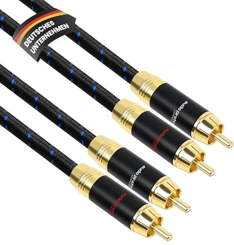 audio pirates by cammica 2x2 RCA medelkontakt Cinch-kabel | 2 m | Stereo ljudkabel | OFC-koppar | Yttre diameter: 6,5 mm | Nylonfodral | 24K guldkontakter | Hifi, hemmabio, bil | PREMIUM KOLLEKTION