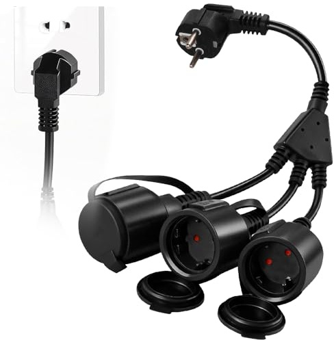 KBIBCK Doppelstecker für Steckdose, Verlängerungskabel mit 3 Schuko Steckdosen, 3 Fach Steckdosenadapter, 250V/16A, IP44 Wasserdicht, für Zuhause Büro Außenbereich, Schwarz