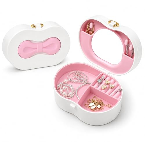 inkihuit Joyero para Niñas Pequeño, Caja de Joyas con Lazo Rosa, Organizador de Joyas para Viaje con Espejo, Organizador de Joyería para Niños, Caja de Almacenamiento para el Día a Día, Viaje, Regalo