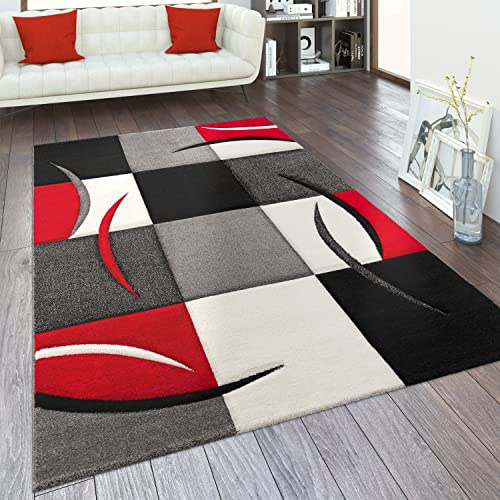 Paco Home Teppich Wohnzimmer Kurzflor Schlafzimmer Modern Geometrisches Muster Kariert Meliert, Grösse:120x170 cm, Farbe:Rot