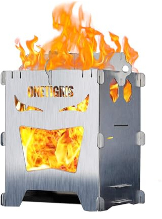OneTigris Camping Backpacking Stove Portable Foldable Burning Wood Stove for Outdoor Hiking Picnic BBQ,Stainless Steel (Medium)