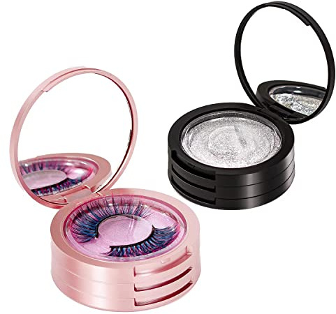 YiQiYi Eyelash Storage Box-2 Pack Eyelash Holder Case with Mirror 3Layers Circle Eyelash Box with Lash Holder Empty Makeup Case Travel for Women and Girls(Black,Rose Gold)