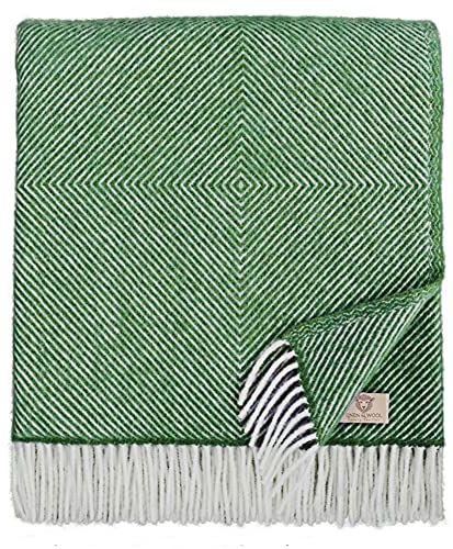 Linen & Cotton Decke Wolldecke Wohndecke Tagesdecke Alaska mit Rautenmuster - 100% Reine Neuseeland Wolle, Grün (140 x 220 cm) Sofadecke Kuscheldecke Überwurf Couch Sofa Bett Schlafzimmer Bettüberwurf