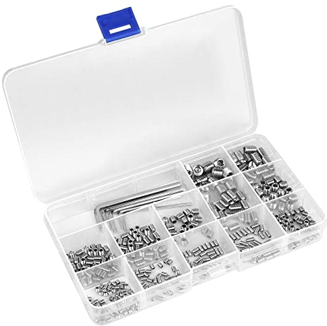 Madenschraube Kegelspitze Sechskantbuchse M3 M4 M5 M6 M8 Madenschrauben Set Sortiment Befestigungsteile Kits mit Innensechskant Gewindestifte Sechskantschlüssel Aufbewahrungsbox (400 Stück)
