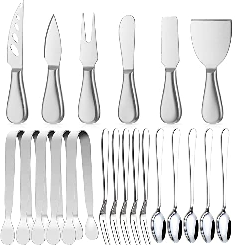 Juego de cuchillos para esparcer, cuchillo para esparcer, cuchillo para cortar queso, hoja de acero inoxidable con asas, pinzas para servir mini cucharas y tenedores para cumpleaños