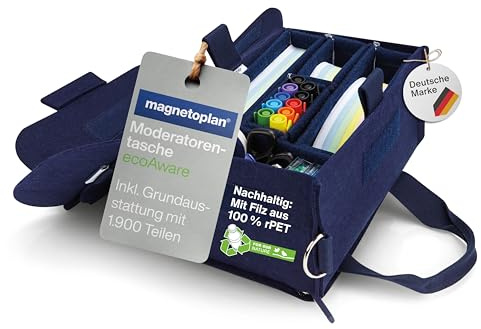 magnetoplan Moderatorentasche, Filz Blau | Inkl. 1900 Teile | Gut sortiert | Hochwertige Tasche prall gefüllt l Für Schulung + Seminar | Mit herausnehmbaren Ordnungsboxen | HxBxT 290x180x145mm