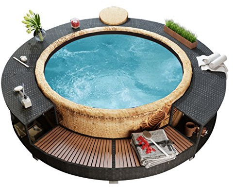 Festnight Borde Soporte Redondo de Bañera Hidromasaje de Ratán Sintético Borde de Bañera Hidromasaje Accesorios de Protección Piscinas Duradero, Estructura de Acero Fuerte y Durables Negro