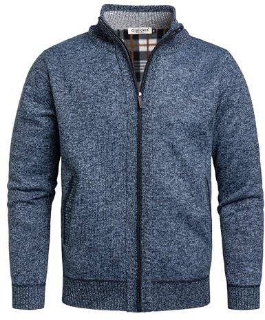 Oralidera Stickad herrcardigan tjock tröja fleecefodrad vinterrock klassisk stickad långärmad tröja stående krage jumper hel dragkedja ytterkläder jacka med fickor, BLÅ, XXL