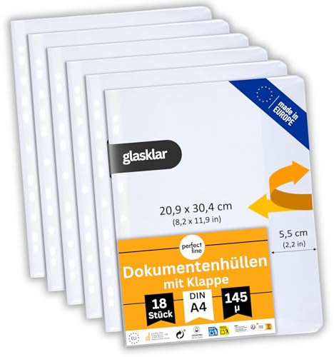 perfect line - 18 Dokumentenhüllen A4 mit Klappe – Prospekthüllen seitlich offen – Sichthüllen glasklar, extra stark - aus recyclebarem Kunststoff (PP), dokumentenecht, säurefrei