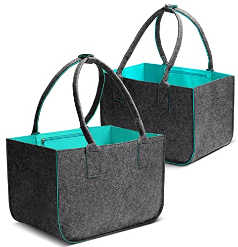Honeier Filz Einkaufstasche groß 2 STK, 30L Filztasche Shopper, Filz Einkaufskorb Faltbar Shopper Tasche Filz faltbar Tragetasche Filzkorb Zeitungskorb Kaminholztasche 40x27x27cm, Türkis