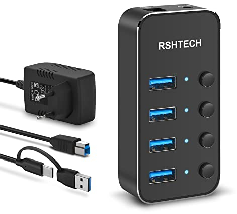 RSHTECH Hub USB 3.0/USB C Alimentato a 4 Porte, Alluminio Hub USB con Alimentazione 10W(5V/2A), cavo Dati Ibrido 2 in 1 (Type A/Type-C) e Interruttore Indipendente USB Hub, RSH-ST04