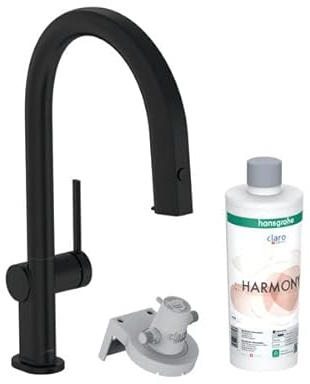 hansgrohe Aqittura M91 Küchenmischer, Starter Set, Filtersystem 210, ausziehbar bis 76cm, 1jet, sBox, 76800670, Farbe: Mattschwarz