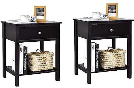 COSTWAY Nachttisch mit Schublade, Beistelltisch 2 Ebene Holz, Nachtkommode Nachtschrank Flurkommode, Flurtisch Telefontisch für Wohnzimmer Schlafzimmer, 48 x 40 x 58 cm (2, Schwarz)
