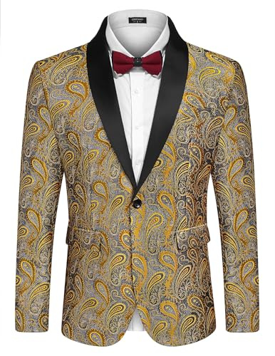 COOFANDY Mens Floral Tuxedo Jacket Paisley Shawl Lapel Suit Blazer Jacket for Dinner,Prom,Wedding, Golden Yellow, 4XL