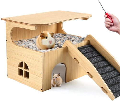 Essenhome Wooden Guinea Pig Castle Hideout,Enlarged Guinea Pig Castle,Wooden Hamster House with Stairs & Mat,Long-Lasting Small Pet Bed for Piggies Chinchilla Rat Hamster Bunny