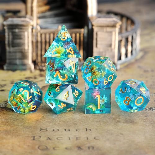 Elifel DND tärningsset, 7 st blommor, D4, D6, D8, D10, D% D12, D20, handgjord, konstharts, skarpkantiga D & D-kuber för dungeons och dragons pathfinder, rollspel, bordsspel, RPG MTG-spel med