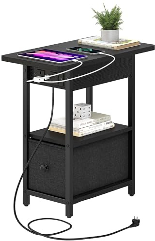 YITAHOME Beistelltisch Schwarz Schmal, Nachttisch mit Steckdose und Schublade, Flip-Top Sofatisch Klein Nachtschrank für Wohnzimmer, Schlafzimmer