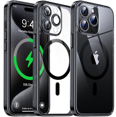 Flyzoo Clear Magnetic Case for iPhone 15 Pro (6.1'') with Camera Protector, [Compatible with MagSafe] [Non-Yellowing] [Shockproof & Antiscratch Protection] Hard Transparent Cover with Silicone, Black