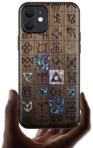 Carveit Coque Magnétique pour iPhone 12 Étui de TPU, Gravure en Bois et Incrustation de Coquille Cover Compatible Magsafe avec 12 Coque (Noyer-Runes mystiques)