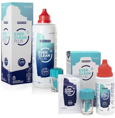 Avízor Ever Clean Plus - Soluzione detergente e disinfezione per lenti a contatto, rimozione profonda dei lipidi, flacone da 350 ml + 45 compresse e flacone da 60 ml + 8 compresse - kit da viaggio