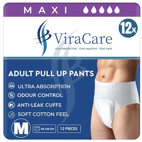 12 x Maxi Incontinence Pants Women & Men | Adults Diapers | Ultra Absorption and Soft-Stretch Waistband | Adults Pull Up Pants | Waist Size Medium 65-135 cm | (1 Pack of 12, Medium)
