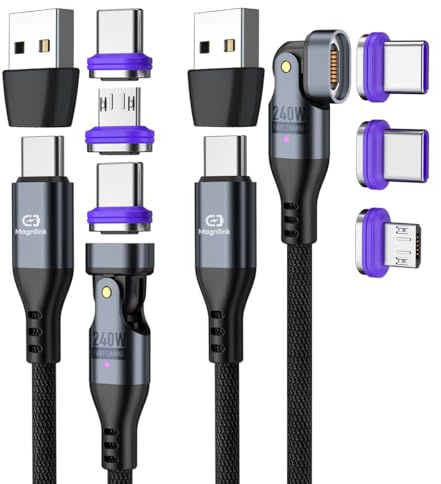 Magnilink Ultra 240W USB C Magnetic Charging Cable [2-Pack] | 3-in-1 Magnet Phone Charger | iProduct, Micro-USB, USB-A & USB C Magnetic Charging Cable
