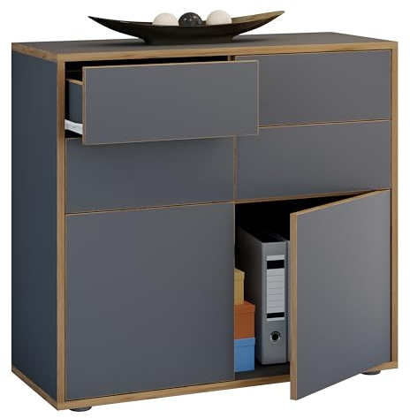 VCM Holz Kommode | Sideboard mit Drehtüren und Schubladen | Büromöbel | Maße ca H. 74 x B. 100 x T. 32cm - Salia Anthrazit