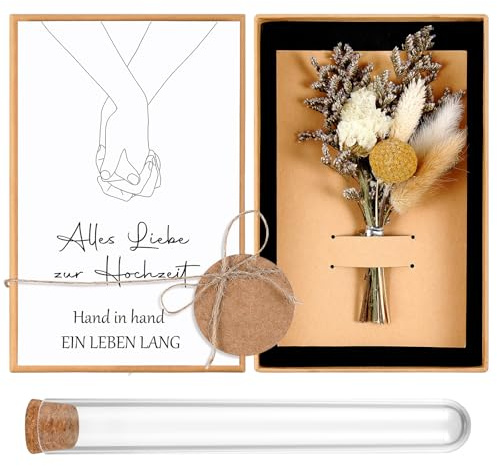 Hestya Hochzeit Geldgeschenk Set für Brautpaar, Alles Liebe zur Hochzeit | Getrocknete Blumen Grußkarte Kunststoff Reagenzglas Geschenkbox, Runder Kraftpapier Anhänger Hanfseil