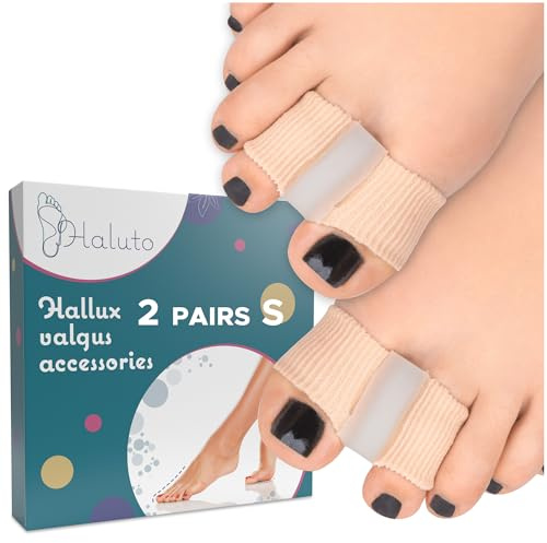 HALUTO Hallux Valgus korrigering tåspridare 4 stycken – effektivt hallux valgus skydd – tåseparator hallux valgus för två tår – silikonskydd komfort och justering – S