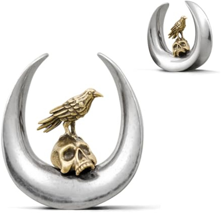 ERKUOO 2 Stück 0g 00g–1 Gothic Goldener Rabe Schädel Sattel Ear Gauge Double Flare Plug Tunnels Expander Piercing Schmuck für Damen Herren 8mm–25mm