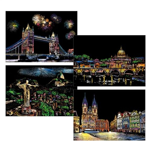 Kratzmalerei Set, Kratzbilder Erwachsene, 4 Blatt City Series Night View Scratchboard, Scratchart, City Series Night Scene, Scratch Painting Kreative Geschenk