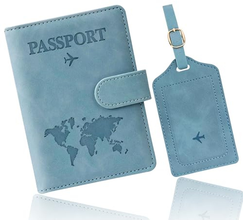 MIMIROOM Reisepasshülle Gepäckanhänger-Set,Leder Reisepasshalter & Gepäcketiketten Reisepass Hülle für Bankkarten, Kreditkarten, Pässe Reisedokumente Wallet Organiser mit RFID Shield(Blau)