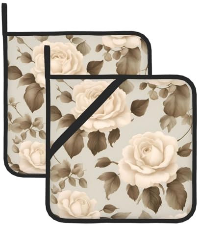 WHJDPP Set di 2 presine isolate quadrate con rose e rose, color crema, 20,3 x 20,3 cm, per la cucina e per scoprire e servire i piatti