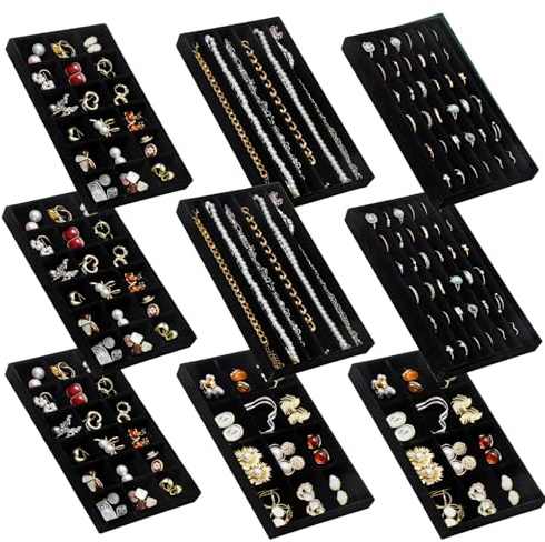 SPAKOWN Jewelry Organizer for Drawer, Adjustable Velvet Jewelry Tray, Stackable Necklace Organizer Earring Holder Organizer Ring Tray Jewelry Storage Display Drawer Inserts Set of 9 (Black)