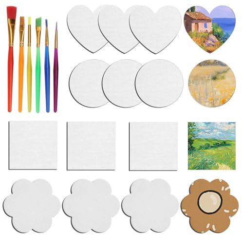 12 Stück Leinwand zum Bemalen Set, 4 Formen Magnetische Leinwände, 7.5x7.5cm Leinwand kleine Leinwände für Acrylfarben ölfarben Gouache Kühlschrankdekoration Magnet Malen Zeichnen Heimdekorationen