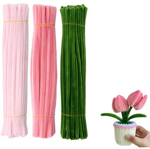 Generisch Pfeifenreiniger Blumen Set, 300 Stück Pfeifenputzer zum Basteln, Pfeifenreiniger zum Basteln, mit Blumendraht, Schleifenband, Blumen Staubblatt für Blumenstrauß DIY Dekorationen, Rosa