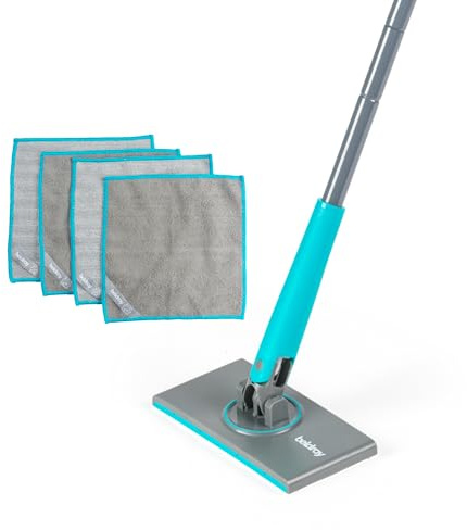 Mopa Beldray Anti-Bac Clip-to-Grip para Baño - Cabeza Grande de Mopa, Azulejos/Suelo/Espejos/Bañera, Mango Higiénico con Botón de Liberación, Cabezal Giratorio 360°, 4 Paños, Limpieza y Fregado