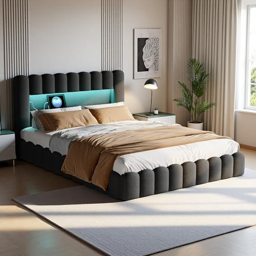 Aneutr Polsterbett Bubble Bett 140x200, Doppelbett mit LED Beleuchtung und USB Ladefunktion, Hydraulisch Stauraumbett mit Lattenrost und Kopfteil, Jugendbett, Leinen (Dunkelgrau, 140x200)